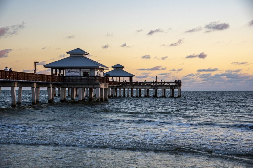 Heating Installation in Wellington, West Palm Beach, Boca Raton and the surrounding area. A photo of a pier with shelters on water.